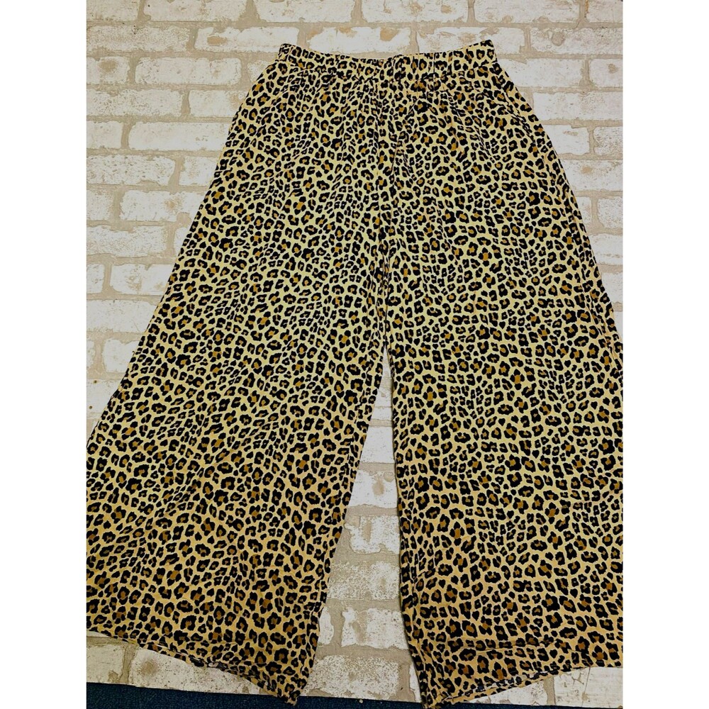 Womens XL Leopard Print Wide Leg Pants Mid Rise Cotton Pockets Cropped 25 Inseam